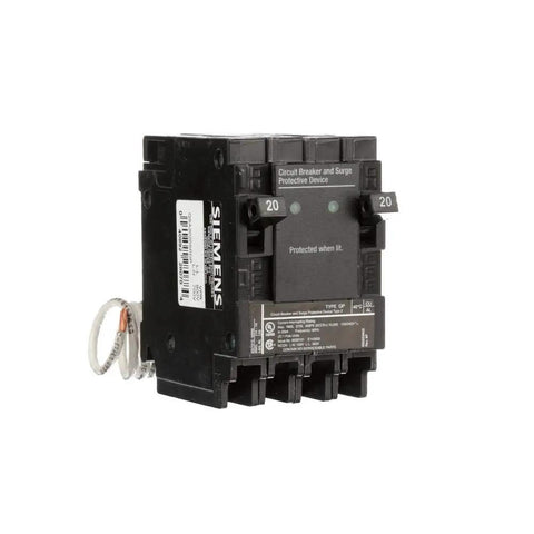 Side view of QSA2020SPDP Surge Breaker and SPD Combo 20A 120V 1 Pole Unit, showing labels and connectors, suitable for home or shop.