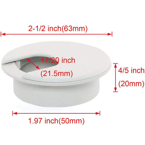 Four Pack 2 Inch Desk Grommet Hole Covers For Office And PC Desk Cable Management White Plastic Cord Organizer Grommets 50mm Hole Inserts Durable ABS Quality, white ABS cover dimensions labeled