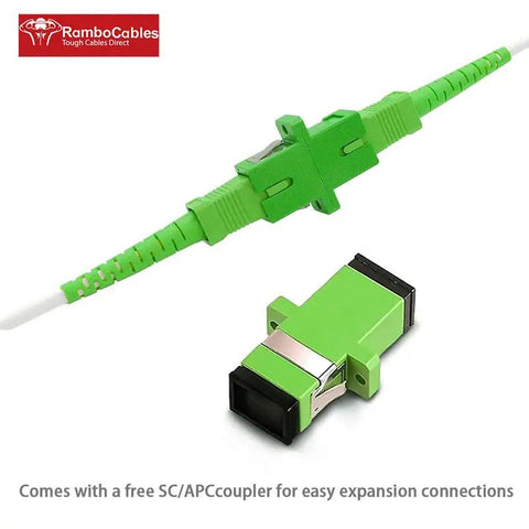 Heavy Duty Os2 Fiber Optic Cable With Built Like Tank Sc Apc Connectors and Cranked Out Armored Jacket, green connectors.