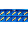 Blue ASZLBYM insert storage tray with 11 yellow MGMN200-G carbide grooving inserts