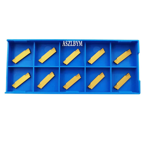 Blue ASZLBYM insert storage tray with 11 yellow MGMN200-G carbide grooving inserts