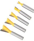 Pro Grind Five Piece Dovetail Router Bit Set Delivers Slick Cuts For Cabinets Door Frames And Ceiling Lines Heavy Duty wood bits in yellow and silver.