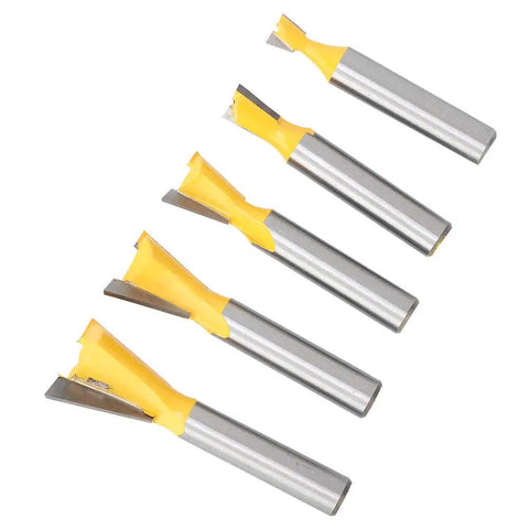 Pro Grind Five Piece Dovetail Router Bit Set Delivers Slick Cuts For Cabinets Door Frames And Ceiling Lines Heavy Duty wood bits in yellow and silver.