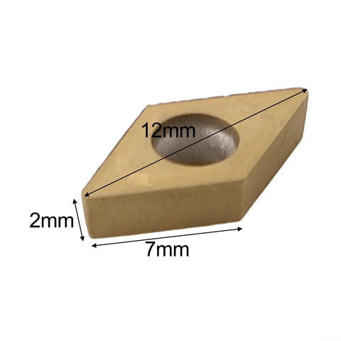 Close-up of a DCMT21.51 carbide turning insert from Twenty Pcs Carbide Turning Inserts Set CCMT21.51 CCMT060204 DCMT21.51 DCMT070204