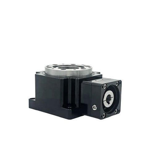 Right Angle Rotary Actuator With Killer Torque For Robot Arms Delivering Smooth 360 Degree Hollow Shaft Rotation Built Tough For Dead Serious Precision Motion Control, black housing and silver top.