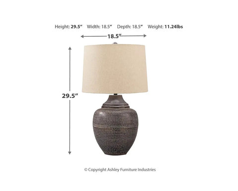 Dope Industrial Vintage Metal Table Lamp With Antiqued Brown Finish, 29.5 Inch Tall, showing urn shape and fabric shade.