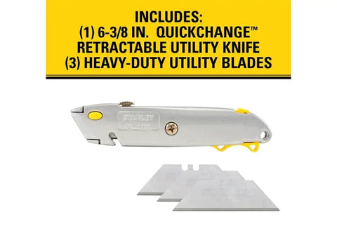 10-499 QuickChange Retractable Utility Knife with aluminum handle and three heavy-duty blades, shown with packaging details.