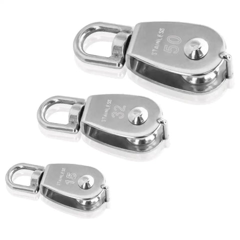 Three stainless steel pulleys, size 50mm, 32mm, 15mm in a set.