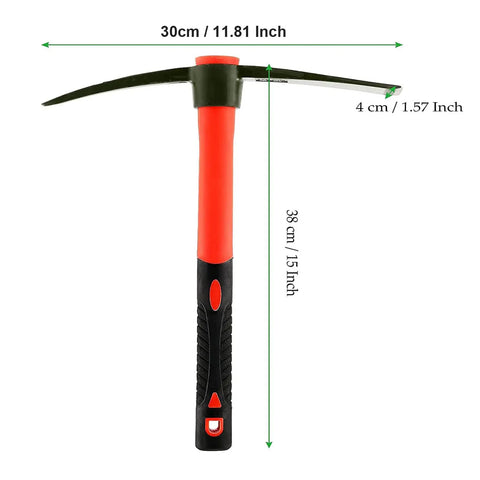 15 Inch Forged Steel Pick Mattock Hoe With Fiberglass Handle For Digging Gardening Camping Prospecting And Construction Work A Beast Weeding Tool Built For Tough Jobs in red and black with dimensions