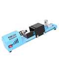 Dirt Cheap Mini Wood Lathe For Benchtop Projects Steel Build 150W Compact Desktop Woodturning Machine For Hobbyists Home Workshop DIY Wood Carving Tools Easy Setup Long Lasting Durability showing blue steel frame design with motor.
