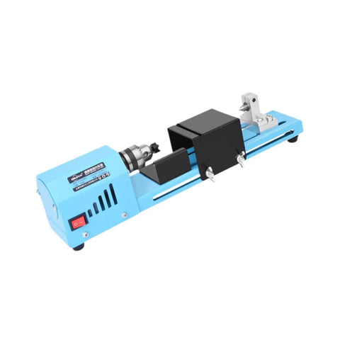 Dirt Cheap Mini Wood Lathe For Benchtop Projects Steel Build 150W Compact Desktop Woodturning Machine For Hobbyists Home Workshop DIY Wood Carving Tools Easy Setup Long Lasting Durability showing blue steel frame design with motor.