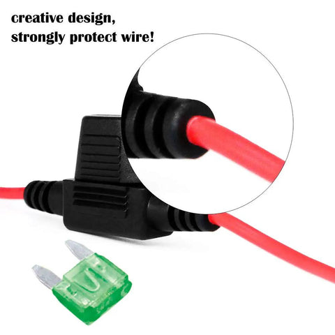 Close-up of Waterproof Mini Inline Fuse Holder With 16 Gauge Wire 12 Inch Long For Small Blade Fuses In Cars Boats RVs Trucks And More For Your Ride 3 Pack With IP66 Dust And Moisture Protection highlighting fuse and wire connection.