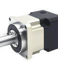 TOSEASTARS 10:1 planetary gearbox with 14mm output shaft; silver aluminum body and black motor housing (front view)