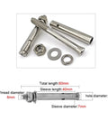 Hex Head Sleeve Anchor M6 X 60mm In 304 Stainless Steel For Pad Eye Plate Ceiling Hooks And Hanging Hardware Expansion Bolt One Quarter Inch, Compatible With Large Pad Eye Plates And Hooks, Set Of Four, showing components and dimensions.