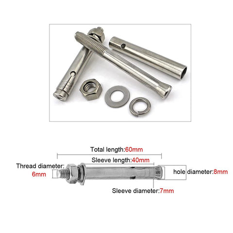 Hex Head Sleeve Anchor M6 X 60mm In 304 Stainless Steel For Pad Eye Plate Ceiling Hooks And Hanging Hardware Expansion Bolt One Quarter Inch, Compatible With Large Pad Eye Plates And Hooks, Set Of Four, showing components and dimensions.