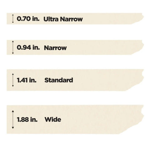 Image showing different widths of masking tape: 0.70 in ultra narrow, 0.94 in narrow, 1.41 in standard, 1.88 in wide.