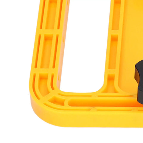 Close-up of Heavy Duty Extended Plastic Safety Featherboard For Table Saw Woodworking with yellow tracking and black knob.