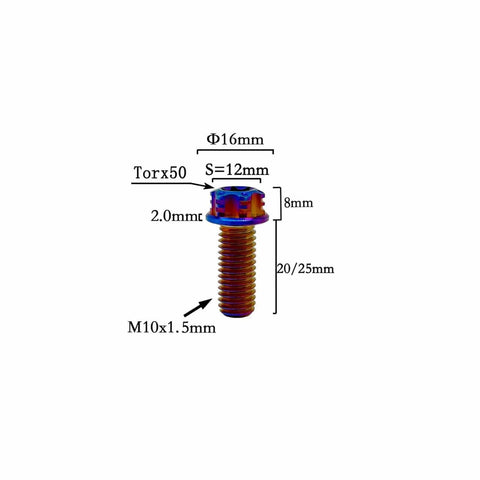 Burnt Blue Titanium Motorcycle Bolts M10 1.5 Hex Torx Head Pack Of 5 with dimensions and thread details displayed.