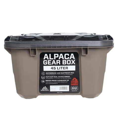 Alpaca 45L Waterproof Gear Box For Camping And Outdoor Organization With Clearview Removable Lid Mirage Tan IP65 Dustproof