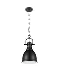Industrial Style Small Pendant Light With Chain in matte black finish, open bottom shade, classic silhouette, contemporary look.