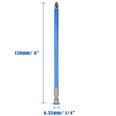 10 Piece Magnetic Phillips Screwdriver Bits Set, 6 Inch Long, Anti Slip PH2 Bits with 1 Quarter Inch Hex Shank, single bit