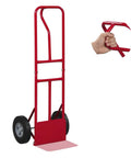 Heavy Duty Metal Hand Truck With 600 Pound Capacity And Ergonomic P Handle, showing red steel dolly and handle details.