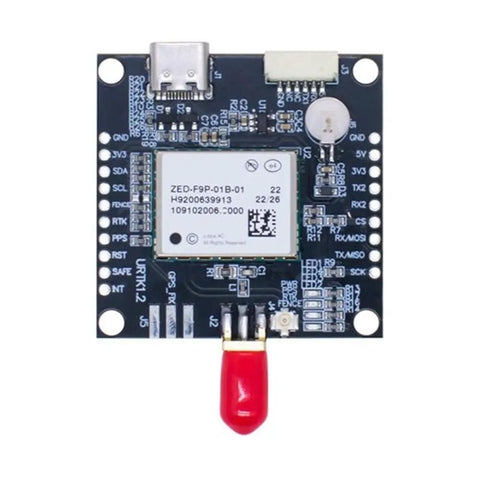 Top view of RTK GPS Module For Drones With Centimeter Level Positioning, electronic board and red antenna visible.