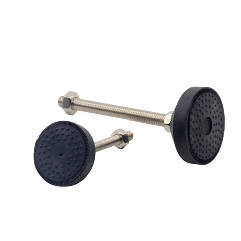 Rock Solid Nylon Universal Adjustment Feet M8 To M20 Sizes Adjustable Leveling Glides Swivel Base with rubber cushion and metal threads.