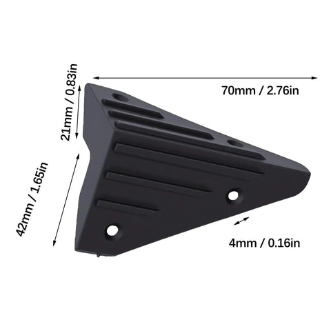 Stackable right angle corner guard with four screws, durable plastic, measuring 70mm x 42mm x 21mm for speakers and cabinets protection.
