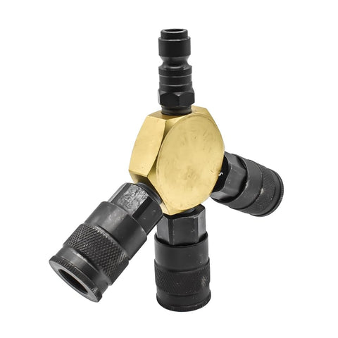 Flat Round Pneumatic Manifold Kit With Three 3/8 Inch Steel Automotive Couplers And One 3/8 Inch Steel Plug Preassembled for fast setup.