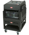Mighty Gig Rig With 14U Top Rack And 6U Front Rack Built In Pedestal And Optional Rear Rack Rails For Deep Mixers with wheels.