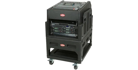 Mighty Gig Rig With 14U Top Rack And 6U Front Rack Built In Pedestal And Optional Rear Rack Rails For Deep Mixers with wheels.