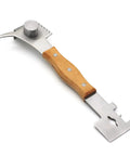 Multifunction Hive Scraper Tool with wooden handle for beekeeping, featuring stainless steel, showing frame cleaner and nail puller.