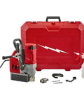 Milwaukee Style 1-5/8 Inch Auto Stop Electromagnetic Drill Kit With Powerful 13 Amp Motor and tool accessories in red case.