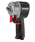 1/2 Inch Stubby Air Impact Wrench Delivers 700 Foot Pounds Of Breakaway Torque To Smash Through Lug Nuts And Nail Tire Service Jobs In Cramped Spots With Ease Using This Bad Ass Compact Wrench, view of the tool with red accents.