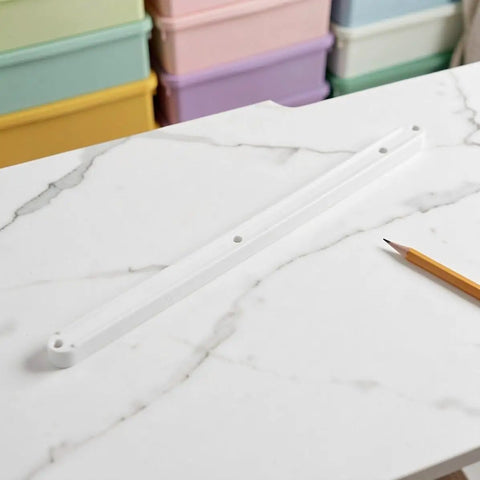 Six Piece White Abs Side Mounted Drawer Slide Rails 300Mm Grooved Guide System For Dresser Replacement on marble surface.