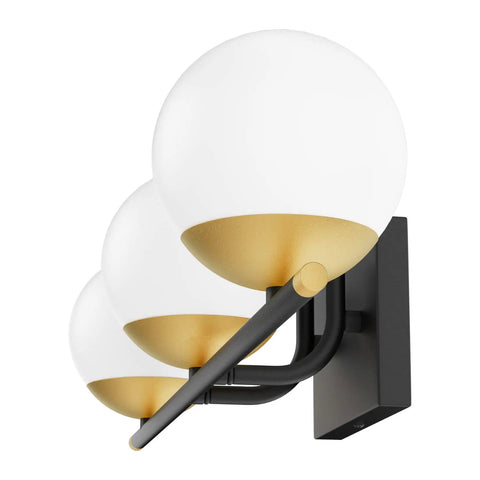Three Light Mid Century Modern Vanity Light With Sleek Dope Black And Gold Finish And Milky Glass For Bathroom, side view