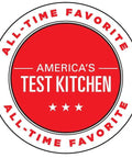 America's Test Kitchen all-time favorite badge with red background and star icons