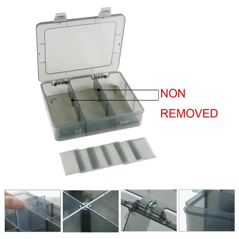9 Grid Craft Storage Organizer Box With Removable Dividers For Beads Jewelry Buttons And Small Parts Translucent Gray Plastic Container Durable Non Toxic Construction Measures 7.3 Inch By 6.1 Inch By 1.7 Inch shown with removable dividers.