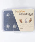 Small Game Broadheads 100 Grain Mixed Judo And Hammer 12 Pack with case, featuring spring-arm design for hunting