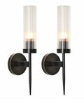 Mid Century Modern Black Wall Sconce Set Of Two 1 Light Clear Cylinder Glass Minimalist Vanity Lighting For Bathroom Hallway Studio Living Room Industrial Farmhouse Style Slim Profile Energy Efficient Lighting For Modern Homes, two sconces with black frames and clear glass