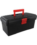 Real Deal 14 Inch Straight Up Plastic Toolbox Storage Container Featuring Dead Nuts Abs Snappy Lock System And Ergonomic Non Slip Handles in black with red handle.