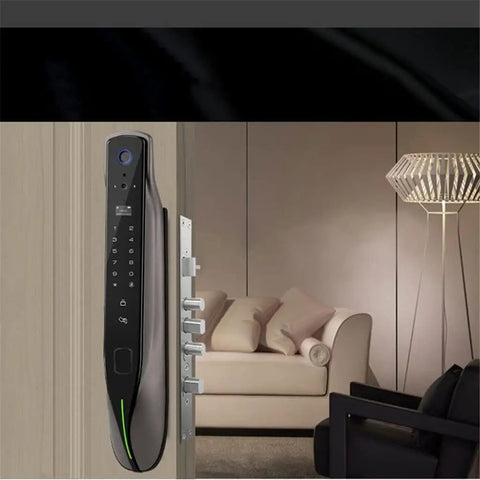 Next Level Smart Indoor Door Lock With Zero Fuss App Remote Control Reliable Fingerprint Scanner Passcode Plus Physical Key Backup Sleek Auto Latch Design mounted on stylish interior door.