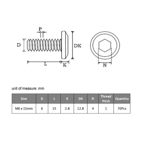 Rock Solid M6x15mm Hex Socket Cap Screws 70 Pack 304 Stainless Steel Bolts technical drawing with dimensions.