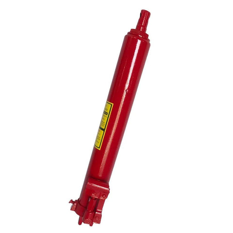 Red 8-ton hydraulic long-ram jack with clevis base and single-piston pump for automotive lifts