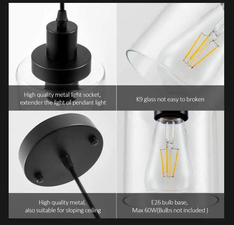 Three Pack Black Industrial Pendant Lights With Clear Glass Shades Killer Adjustable Cords showcasing metal socket and glass shade details.