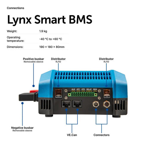 Premium 500A Battery Management System With Bluetooth App Control And Built In Contactor For Rv And Campervan Lithium Banks, detailed connections and layout.