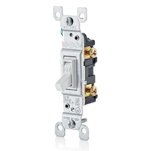 15 Amp 120 Volt Toggle Framed Single Pole AC Quiet Switch Residential Grade Grounding 10 Pack White Model 1451 2WM front view