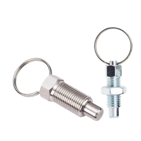 Badass Galvanized And Stainless Steel Indexing Plunger Pins With Ridiculously Slick Pull Ring Knobs For Lightning Quick Positioning On Factory Equipment 2 Pack M10 M12 M16 Sizes two plunger pins with pull ring knobs