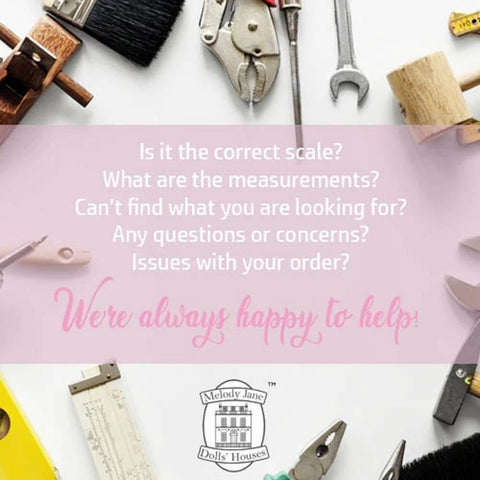 Assorted miniature DIY tools and materials including a hammer, pliers, and ruler surrounding text about customer support from Melody Jane Doll's Houses.